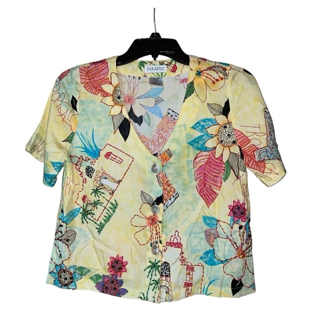 Paradiso Women's Hawaiian Blouse Beaded Embroidered Tropical Yellow Rayon Small‎